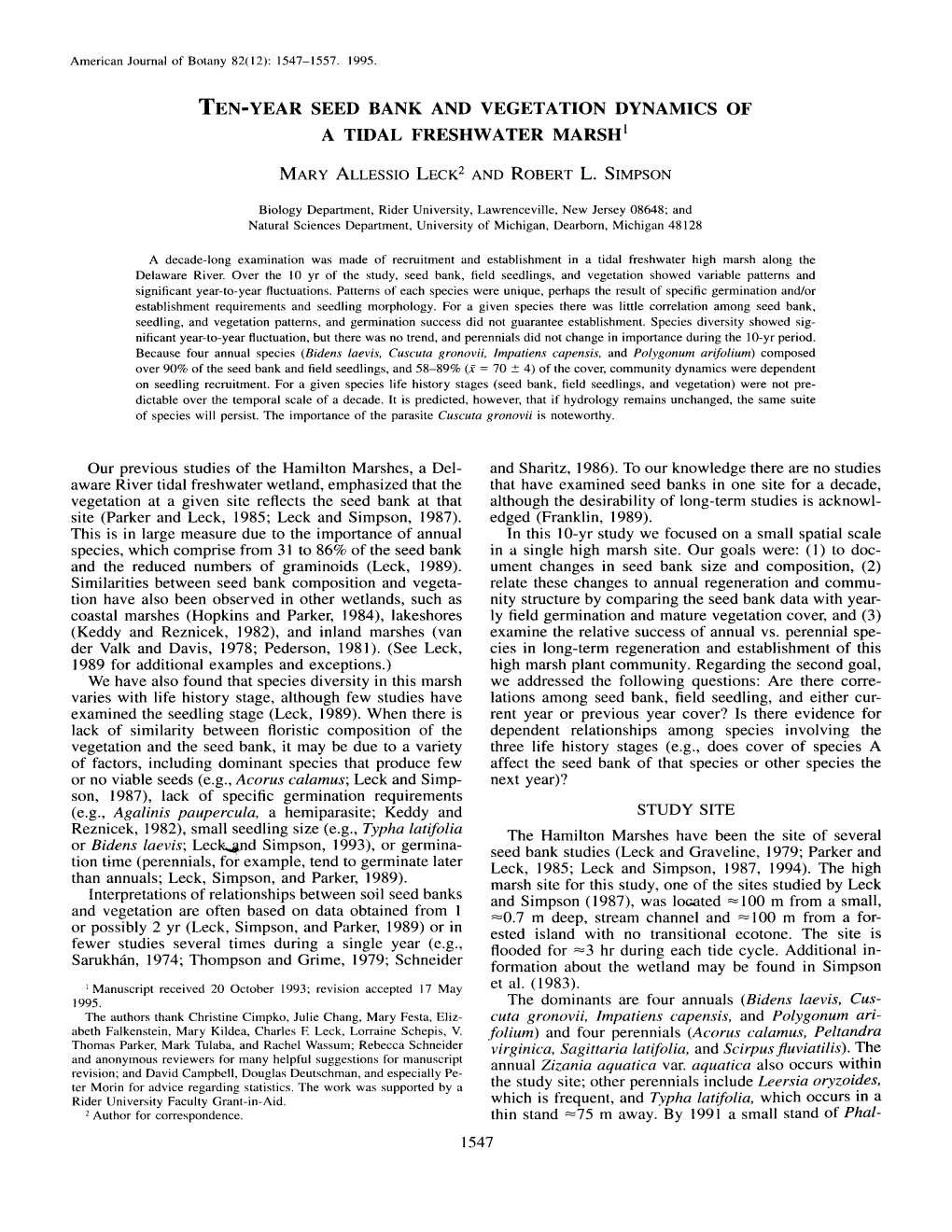 Year Seed Bank and Vegetation Dynamics of a Tidal Freshwater Marshi