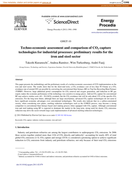 Techno-Economic Assessment and Comparison of CO2 Capture Technologies for Industrial Processes: Preliminary Results for the Iron and Steel Sector