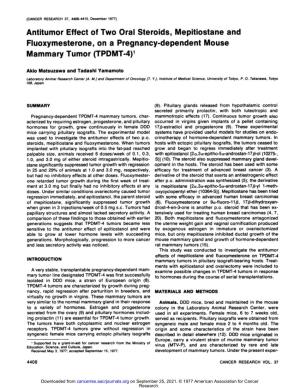 Antitumor Effect of Two Oral Steroids, Mepitiostane and Fluoxymesterone, on a Pregnancy-Dependent Mouse Mammary Tumor (TPDMT-4)1