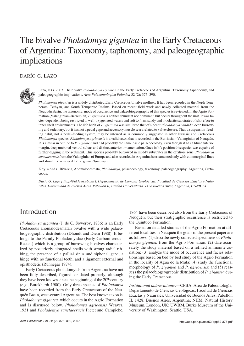 Bivalve Pholadomya Gigantea in the Early Cretaceous of Argentina: Taxonomy, Taphonomy, and Paleogeographic Implications