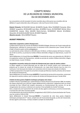 Compte Rendu De La Reunion De Conseil Municipal Du 04 Decembre 2015