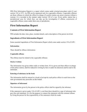 First Information Report) Is a Report Which Comes Under Criminal Procedure Code (C.R.Pc) Section 154 in 1973
