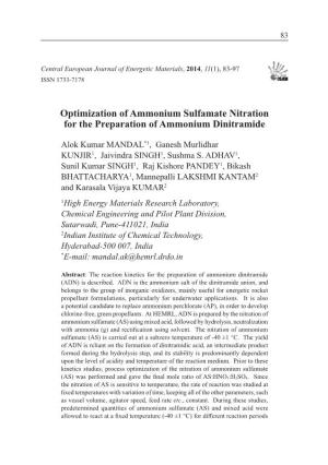 Optimization of Ammonium Sulfamate Nitration for the Preparation of Ammonium Dinitramide