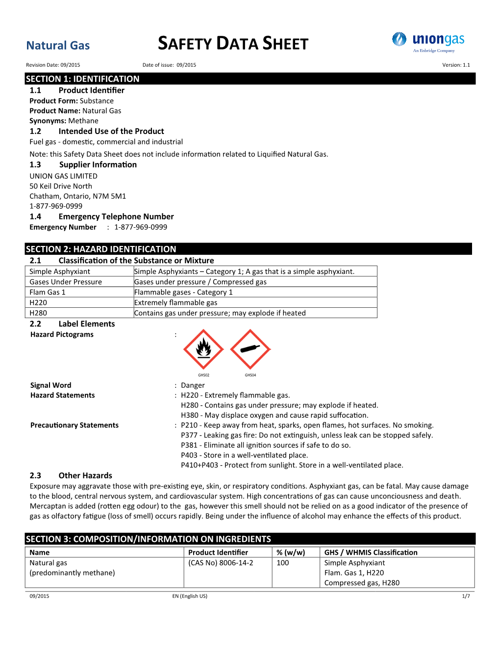 Natural Gas SAFETY DATA SHEET