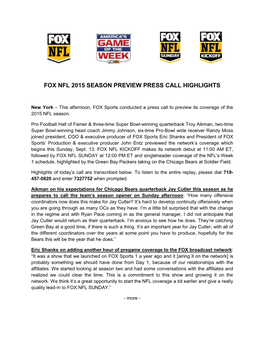 Fox Nfl 2015 Season Preview Press Call Highlights