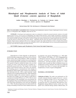 Histological and Morphometric Analysis of Testes of Adult Quail (Coturnix Coturnix Japonica) of Bangladesh