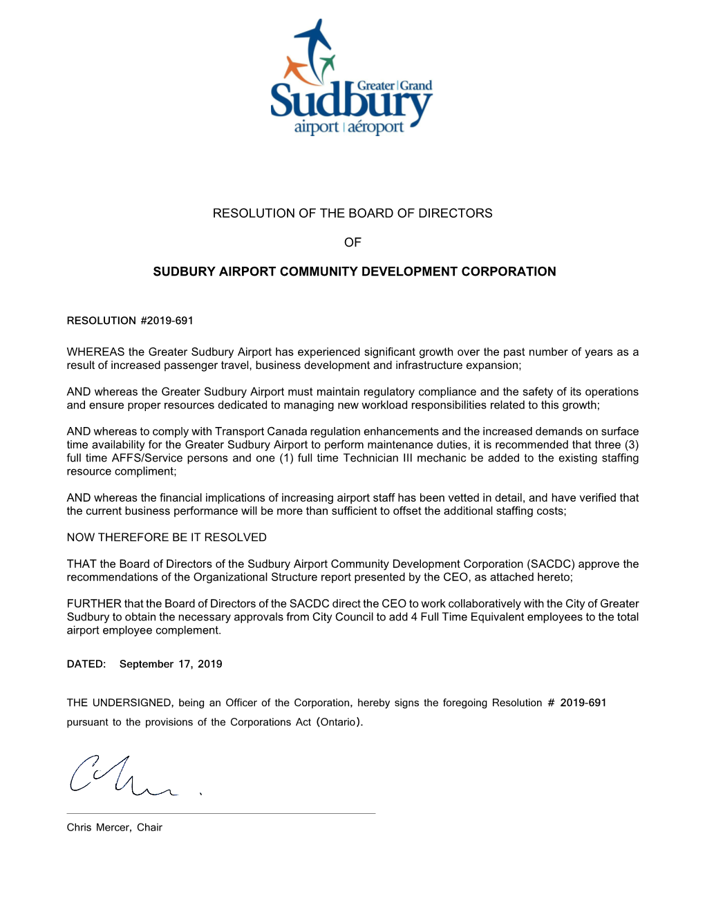 Resolution of the Board of Directors of Sudbury