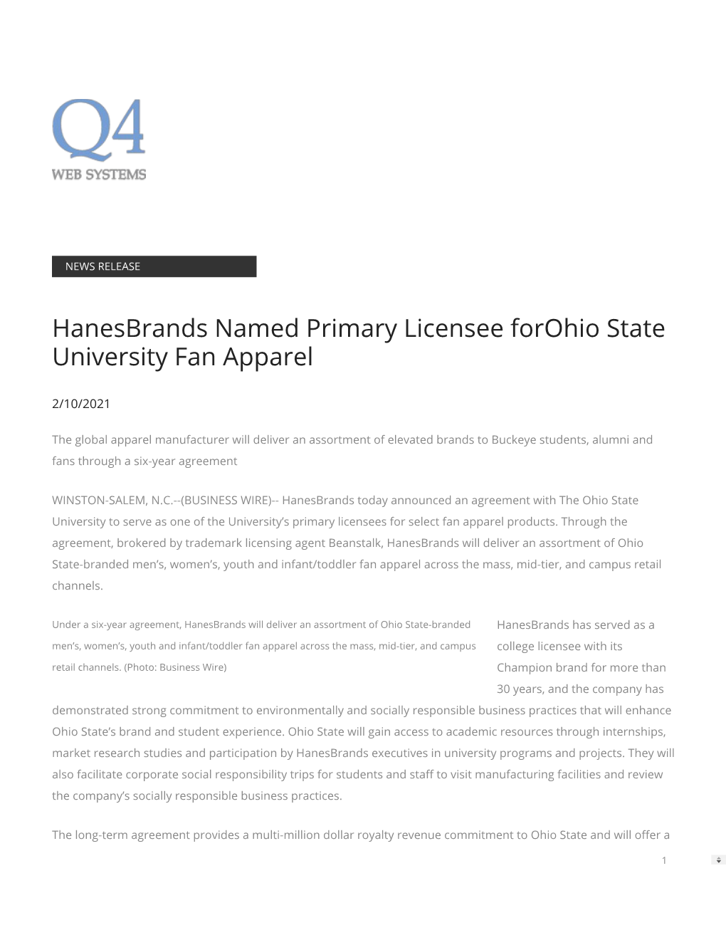 Hanesbrands Named Primary Licensee Forohio State University Fan Apparel