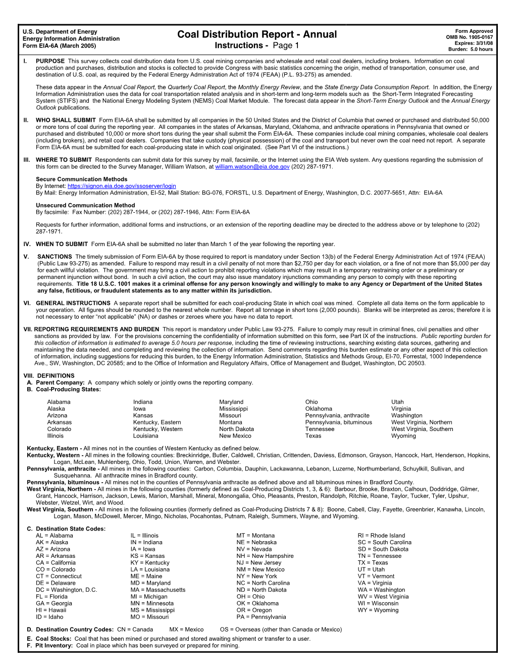 Coal Distribution Report - Annual OMB No