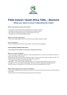 Faqs Ireland V South Africa T20is – Stormont What You Need to Know If Attending the Match