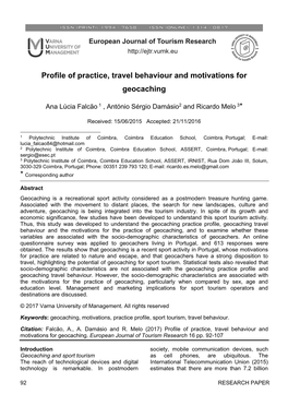 Profile of Practice, Travel Behaviour and Motivations for Geocaching
