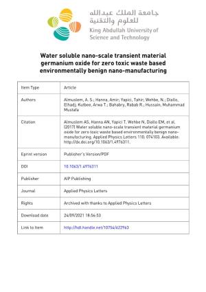 Water Soluble Nano-Scale Transient Material Germanium Oxide for Zero Toxic Waste Based Environmentally Benign Nano-Manufacturing