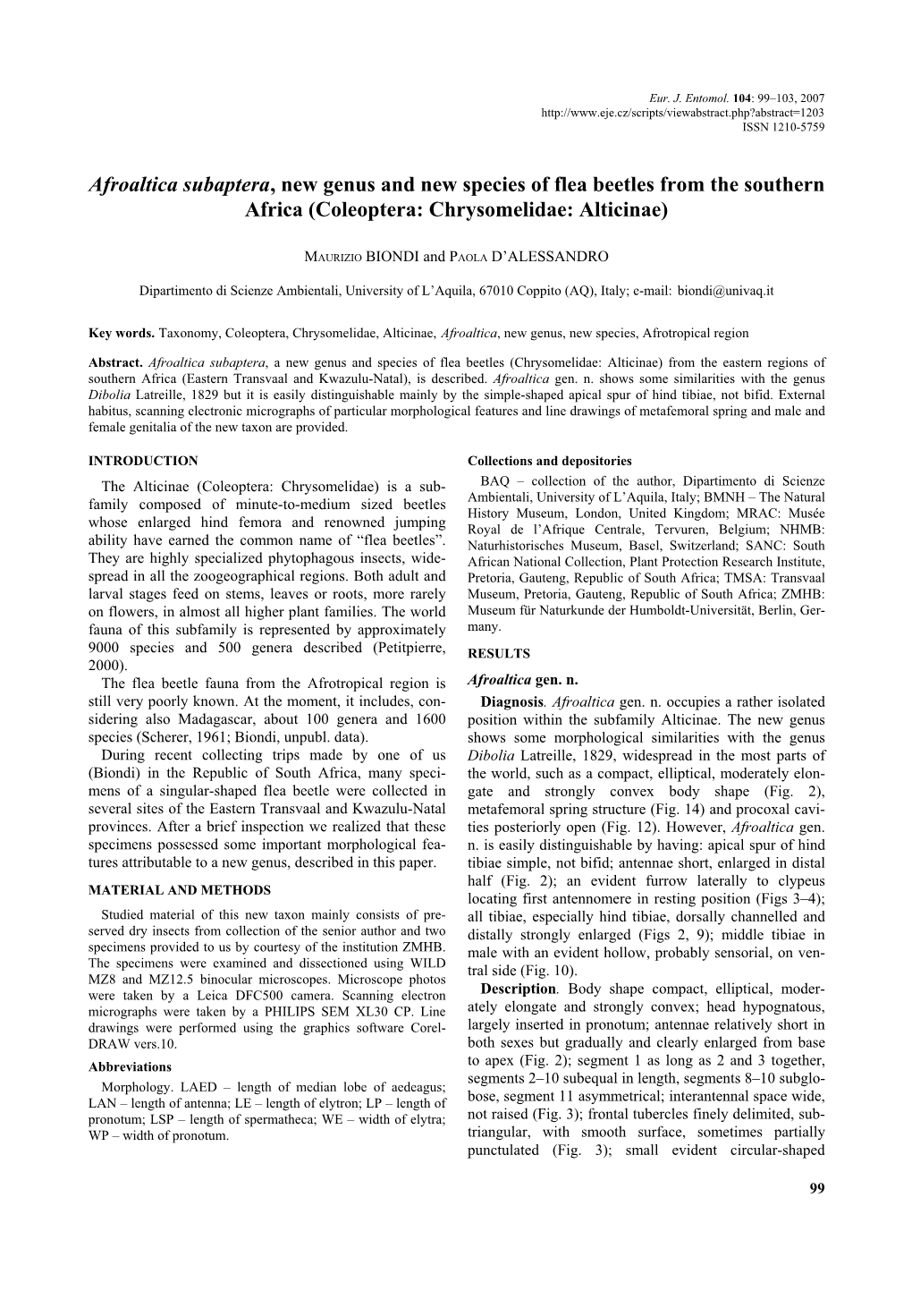 Afroaltica Subaptera, New Genus and New Species of Flea Beetles from the Southern Africa (Coleoptera: Chrysomelidae: Alticinae)