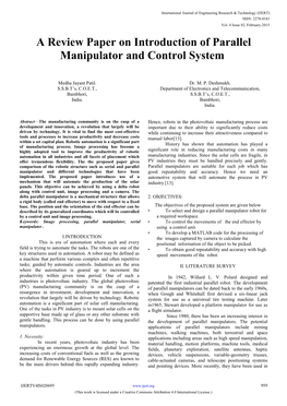 A Review Paper on Introduction of Parallel Manipulator and Control System