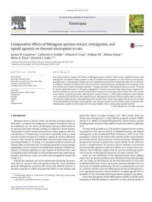 Comparative Effects of Mitragyna Speciosa Extract, Mitragynine, and Opioid Agonists on Thermal Nociception in Rats