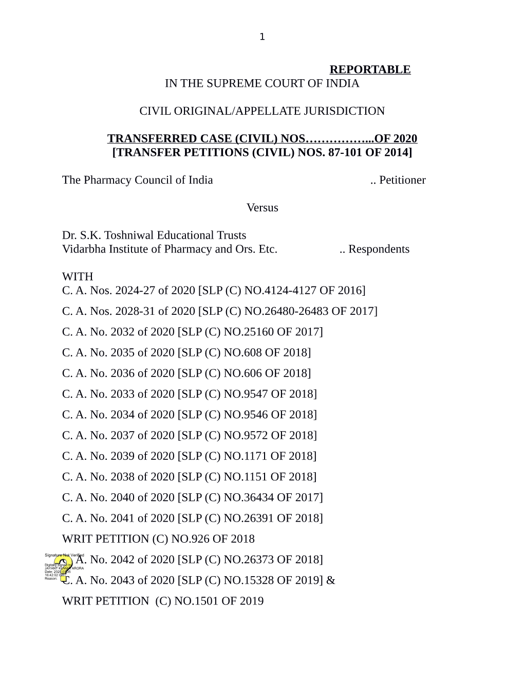 Reportable in the Supreme Court of India Civil