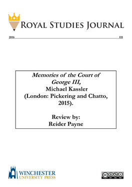Memories of the Court of George III, Michael Kassler (London: Pickering and Chatto, 2015)