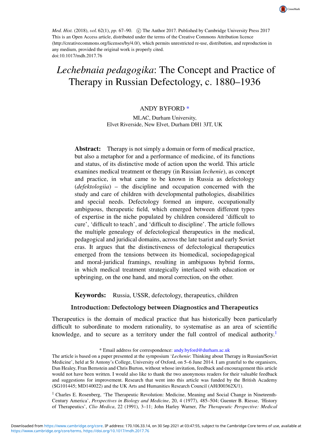 The Concept and Practice of Therapy in Russian Defectology, C. 1880–1936