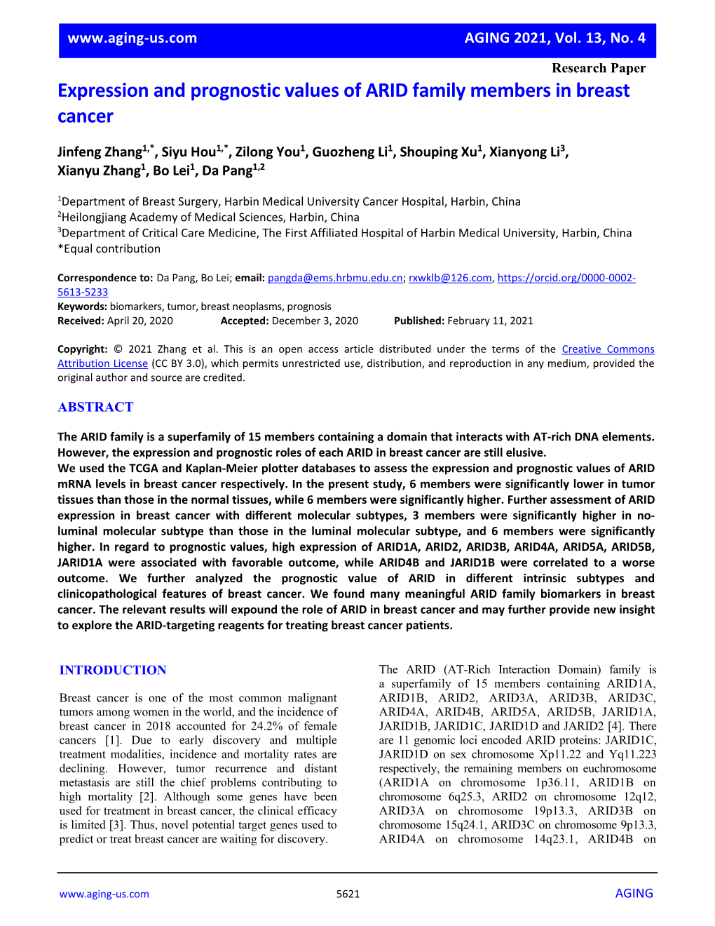 Expression and Prognostic Values of ARID Family Members in Breast Cancer