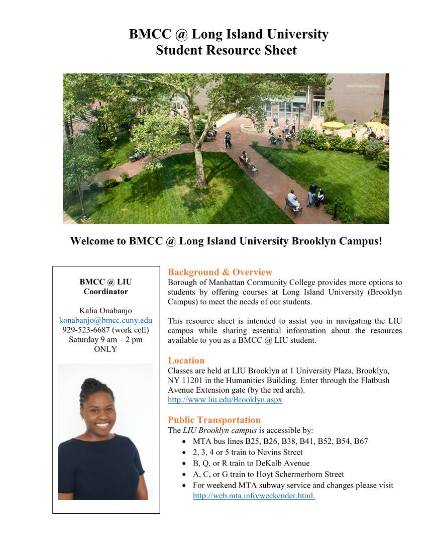 BMCC @ Long Island University Student Resource Sheet