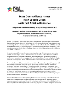 Texas Opera Alliance Names Ryan Speedo Green As Its First Artist in Residence
