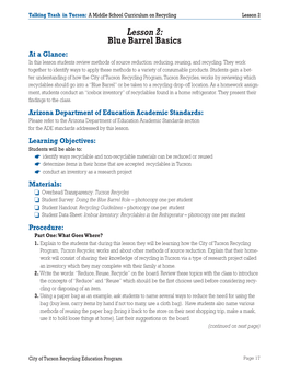 Blue Barrel Basics at a Glance: in This Lesson Students Review Methods of Source Reduction: Reducing, Reusing, and Recycling