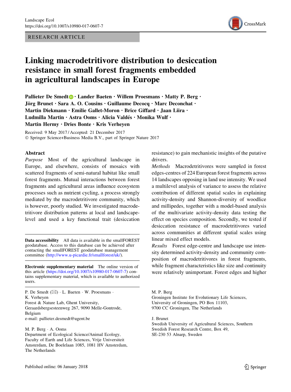 Linking Macrodetritivore Distribution to Desiccation Resistance in Small Forest Fragments Embedded in Agricultural Landscapes in Europe