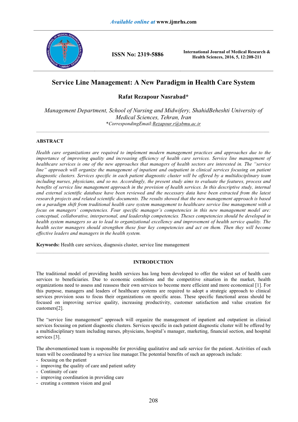 Service Line Management: a New Paradigm in Health Care System