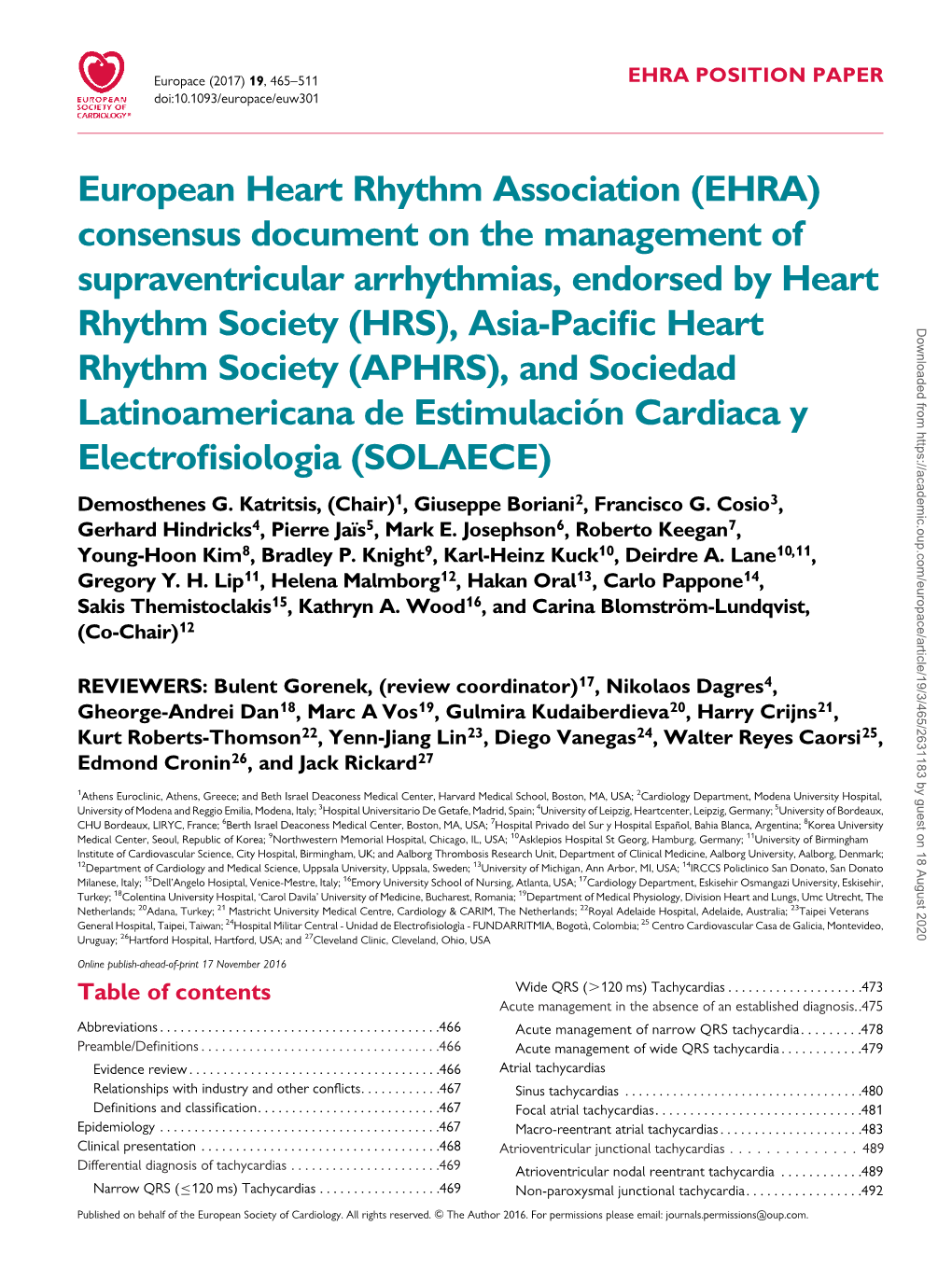 European Heart Rhythm Association (EHRA) Consensus Document on the Management of Supraventricular Arrhythmias, Endorsed by Heart