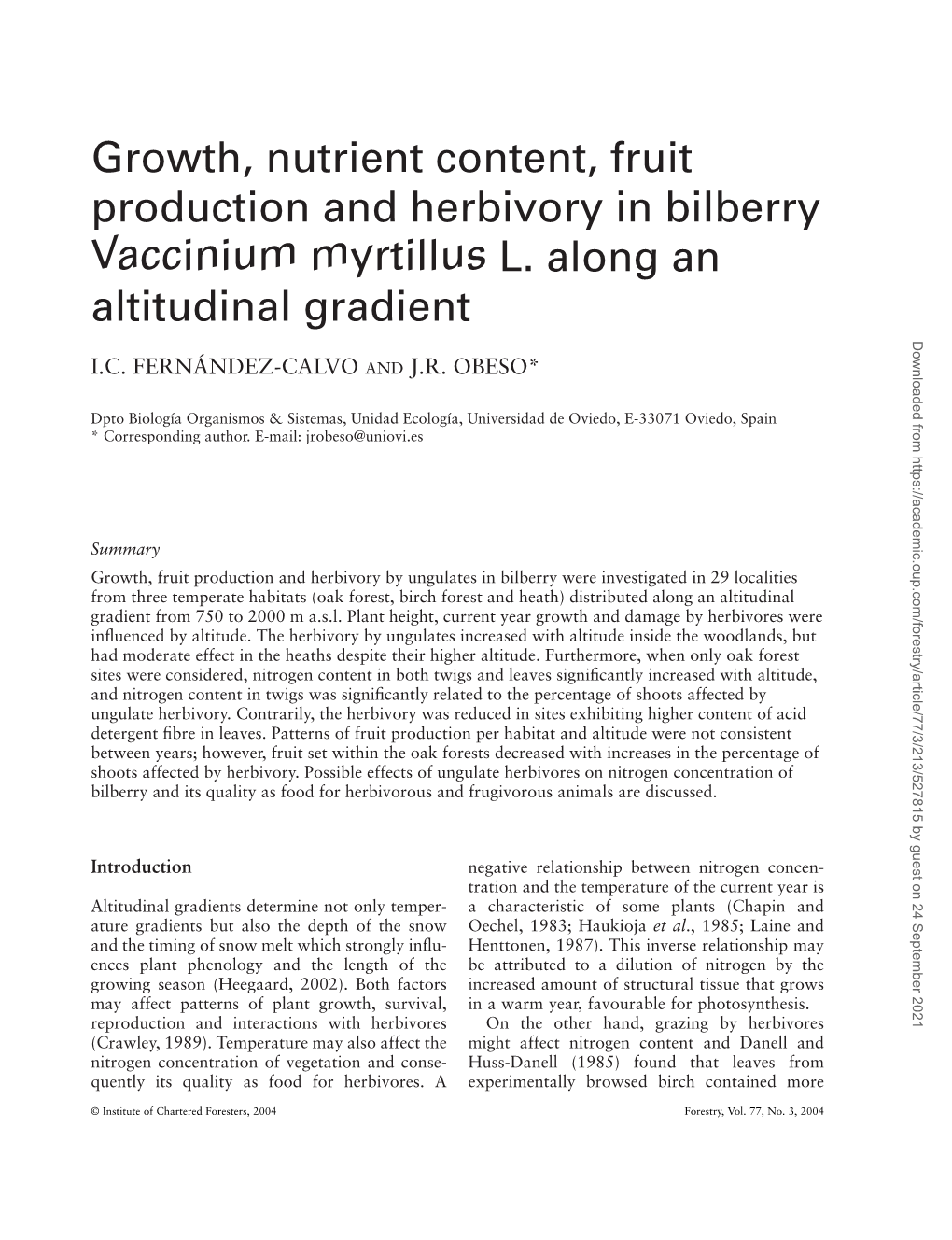 Growth, Nutrient Content, Fruit Production and Herbivory in Bilberry Vaccinium Myrtillus L