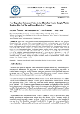 Four Important Poisonous Fishes in the Black Sea Coasts: Length-Weight Relationships (Lwrs) and Some Biological Features