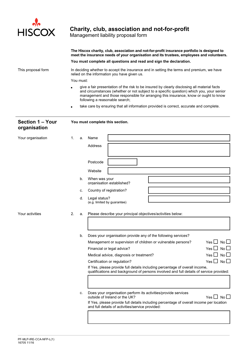 Charity, Club, Association and Non-Profit: MLP Proposal Form (IRE) (Broker)