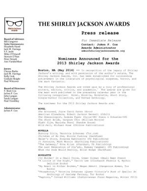 THE SHIRLEY JACKSON AWARDS Press Release