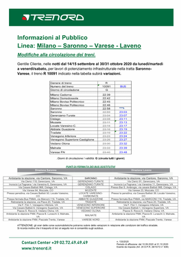 Saronno – Varese - Laveno Modifiche Alla Circolazione Dei Treni