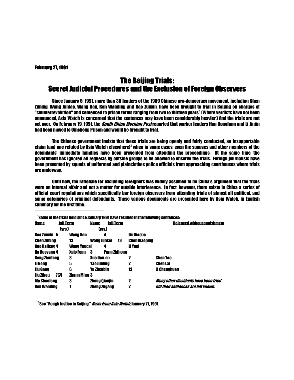 The Beijing Trials: Secret Judicial Procedures and the Exclusion of Foreign Observers