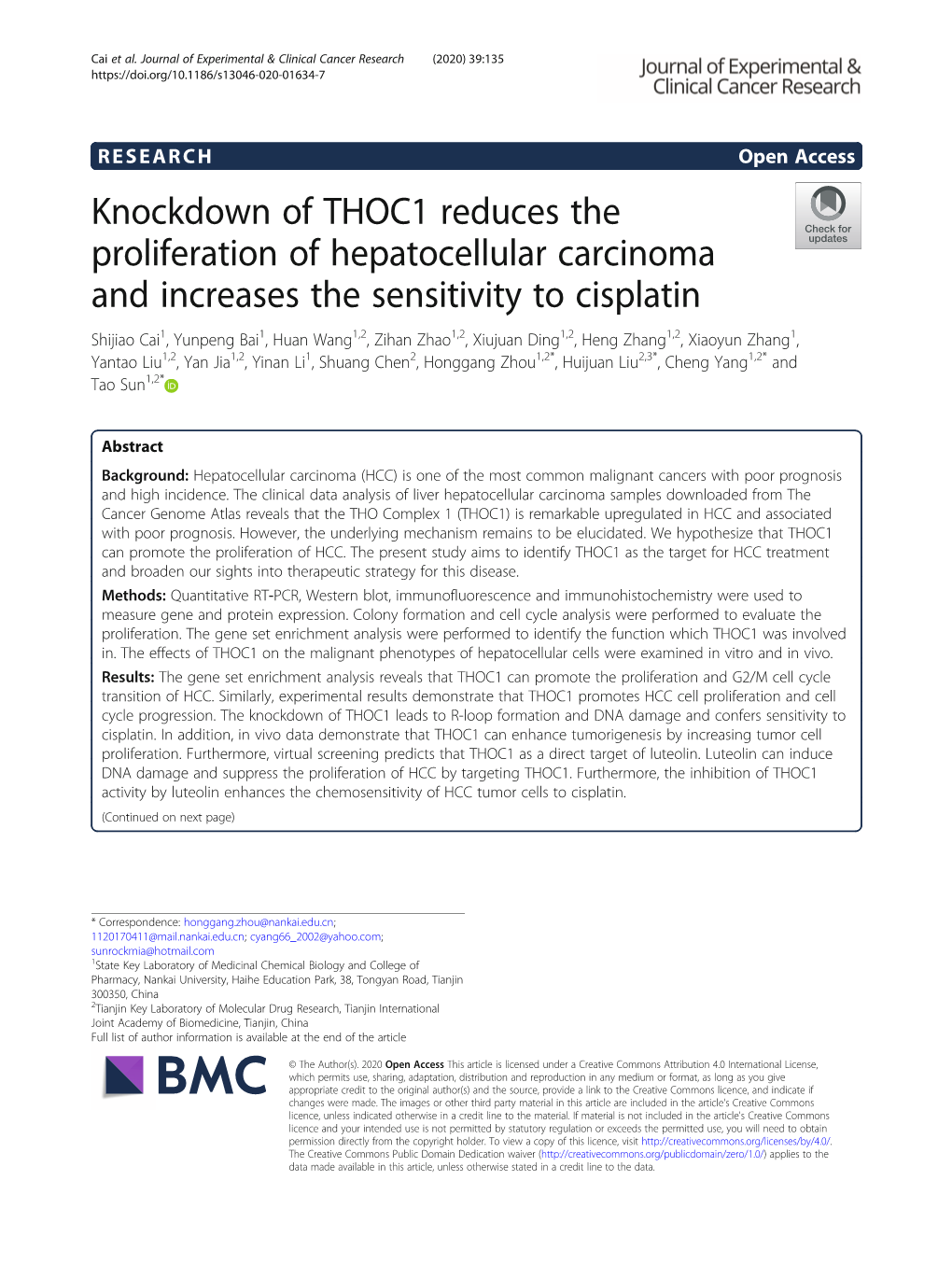 Knockdown of THOC1 Reduces the Proliferation of Hepatocellular
