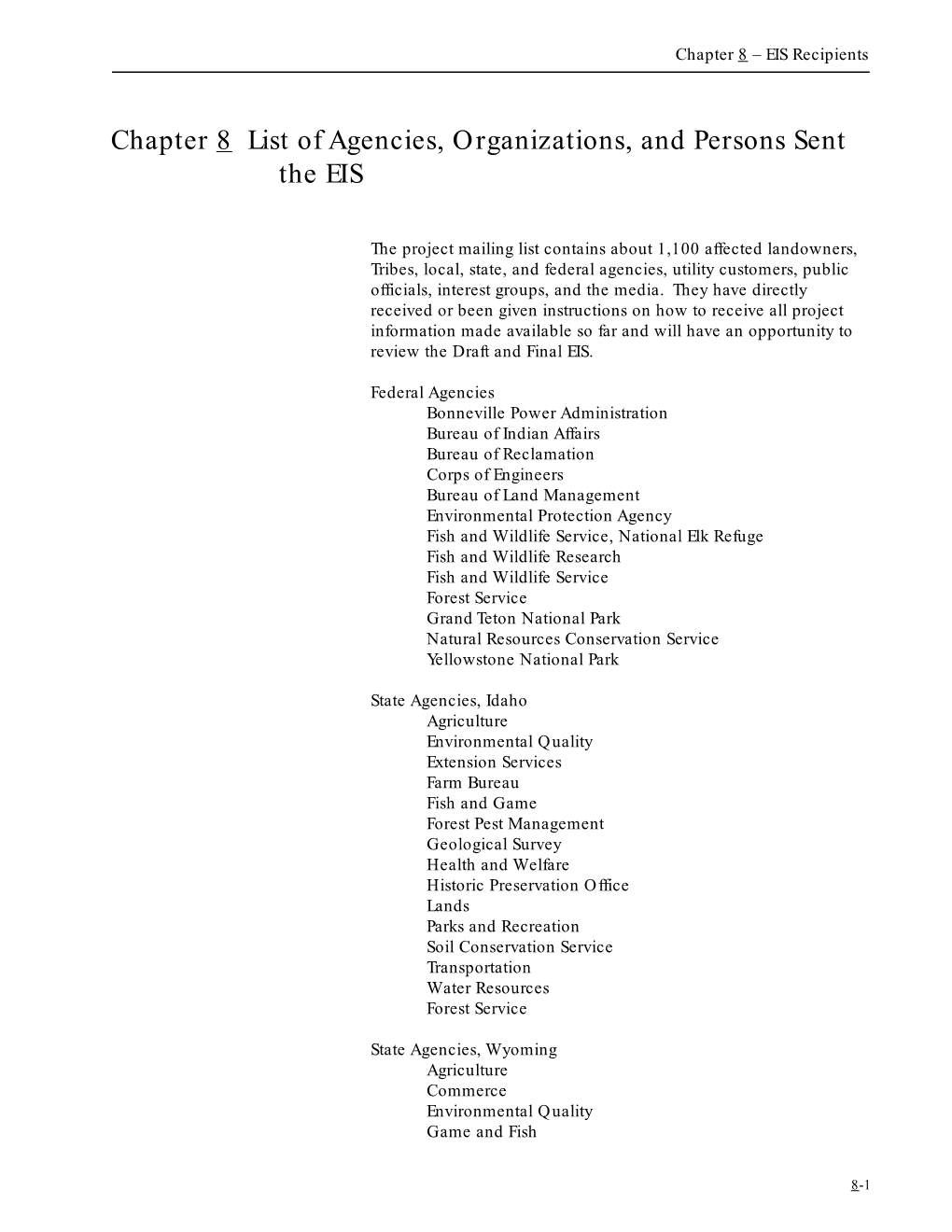 Chapter 8 List of Agencies, Organizations, and Persons Sent the EIS