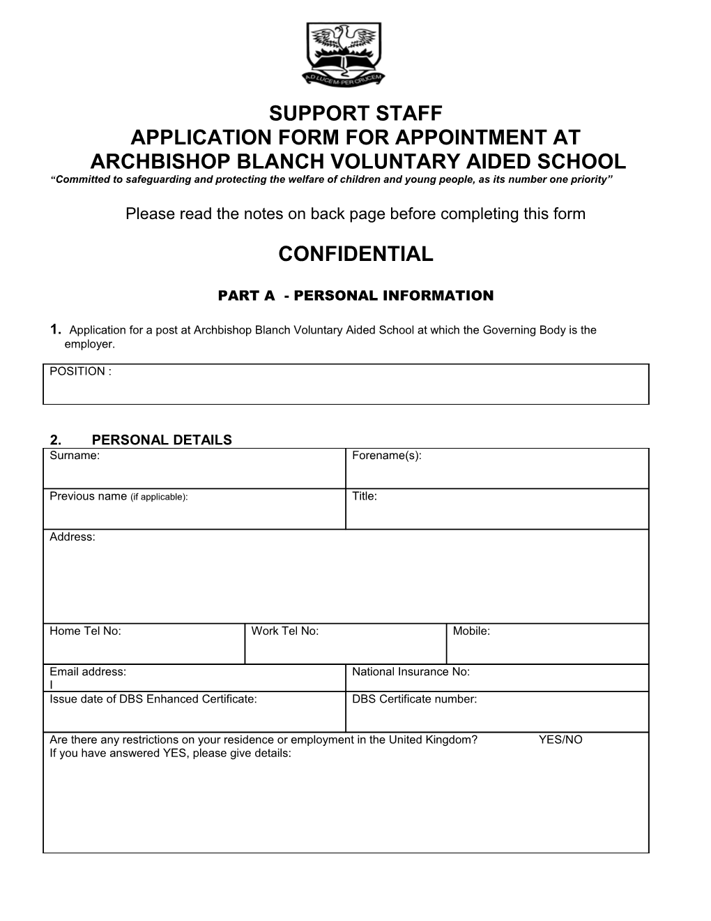 Application Form for Appointment at Archbishop Blanch