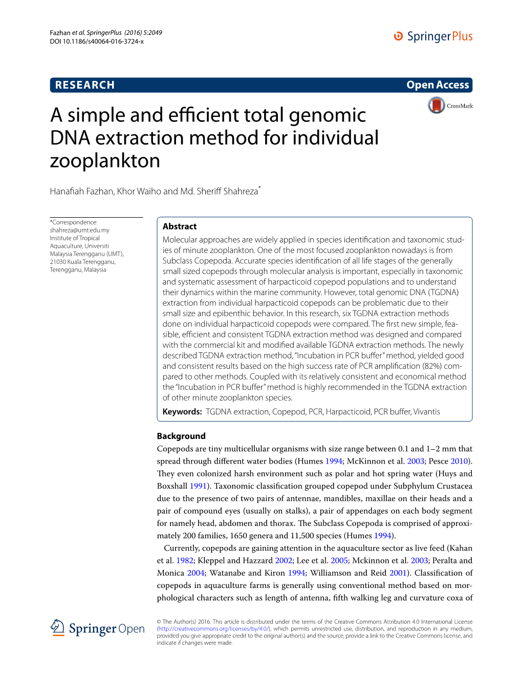 A Simple and Efficient Total Genomic DNA Extraction Method for Individual Zooplankton