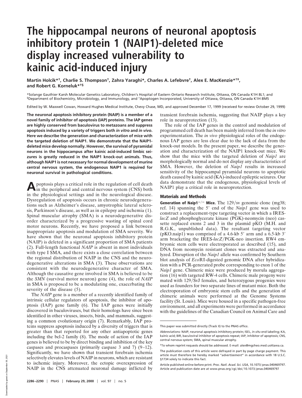 The Hippocampal Neurons of Neuronal Apoptosis Inhibitory Protein 1 (NAIP1)-Deleted Mice Display Increased Vulnerability to Kainic Acid-Induced Injury