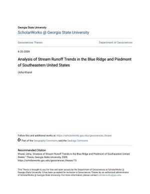 Analysis of Stream Runoff Trends in the Blue Ridge and Piedmont of Southeastern United States