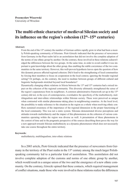 The Multi-Ethnic Character of Medieval Silesian Society and Its Influence on the Region's Cohesion (12Th–15Th Centuries)