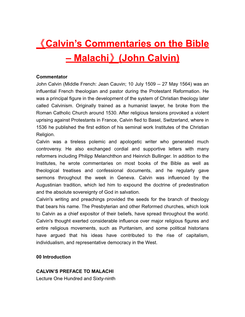 Calvin S Commentaries on the Bible Malachi (John Calvin)