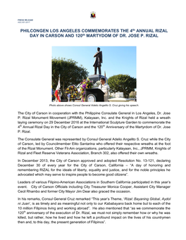 PHILCONGEN LOS ANGELES COMMEMORATES the 4Th ANNUAL RIZAL DAY in CARSON and 120Th MARTYDOM of DR