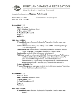 Vegetation Unit Summaries for Macleay Park (MAC)