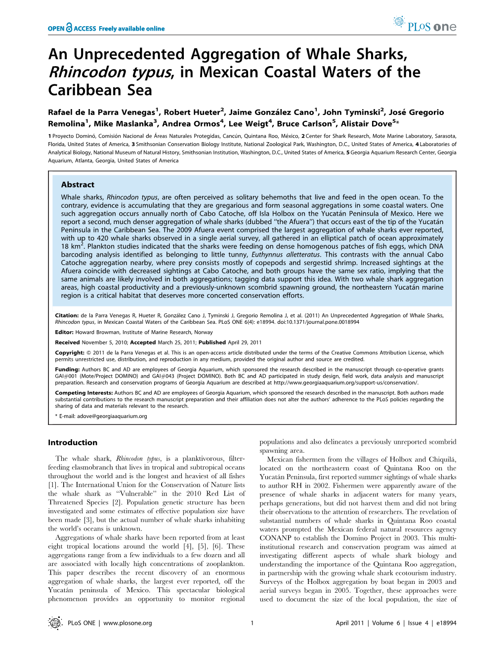 An Unprecedented Aggregation of Whale Sharks, Rhincodon Typus, in Mexican Coastal Waters of the Caribbean Sea