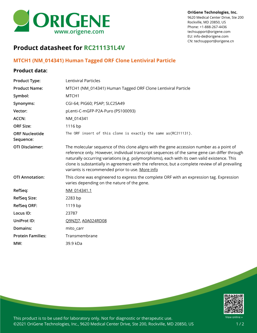 MTCH1 (NM 014341) Human Tagged ORF Clone Lentiviral Particle Product Data