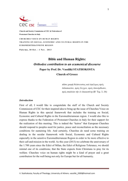 Bible and Human Rights: Orthodox Contribution to an Ecumenical Discourse Paper by Prof