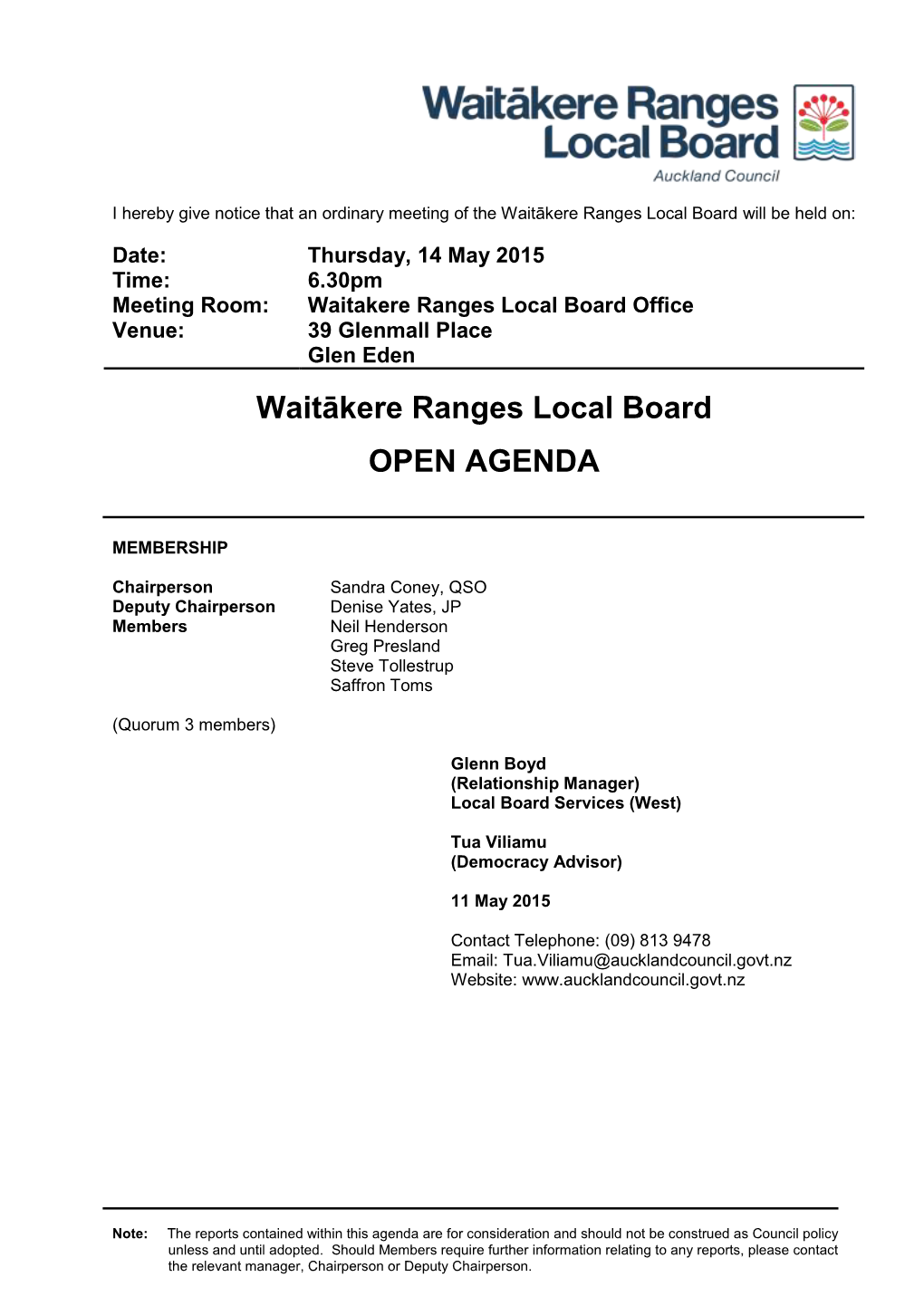 Waitākere Ranges Local Board OPEN AGENDA