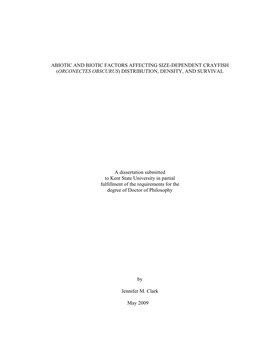 Abiotic and Biotic Factors Affecting Size-Dependent Crayfish (Orconectes Obscurus) Distribution, Density, and Survival